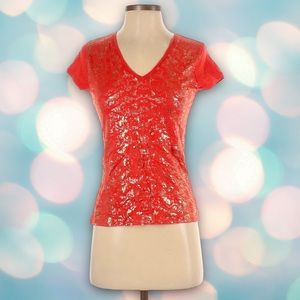 Tahari Women’s Metallic V-Neck Tee Shirt Top Size L